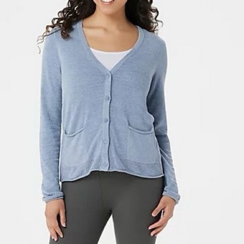 Barefoot‎ Dreams Women's CozyChic Ultra Lite Pointelle Cardigan Sweater Blue 2x